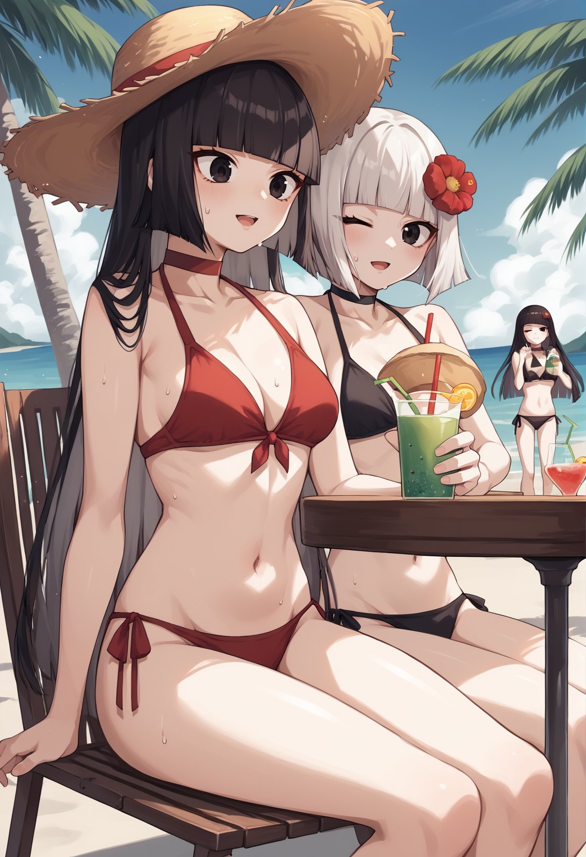 2girls, pale skin, long hair, black hair, black eyes, hime cut, hair ornament, hair flower, blunt bangs, choker, short hair, grey hair, black eyes, bob cut, black bikini, red bikini, sitting, outdoors, beach, palm tree, chair, table, drink, straw hat, sweat, wink, low-leg panties, side-tie bikini bottom, <lora:SenHime:1>, score_9, score_8_up, score_7_up, score_6_up, score_5_up, score_4_up, BREAK source_anime, masterpiece