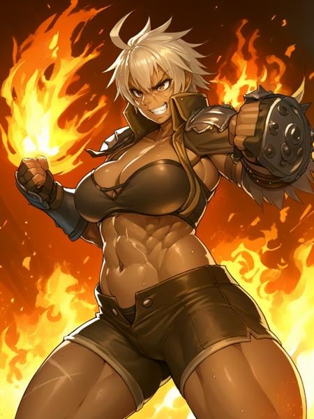 score_9, score_8_up, score_7_up, source_anime, solo, 1girl, dark skin, sweat, grin, standing, ahoge, short pants, unbutton pant, top tank, arm guards, fingerless gloves, scar, navel, toned, cleavage, large breasts, thick thighs, fire, fighting stance,  <lora:Mikoyan-000008:1>