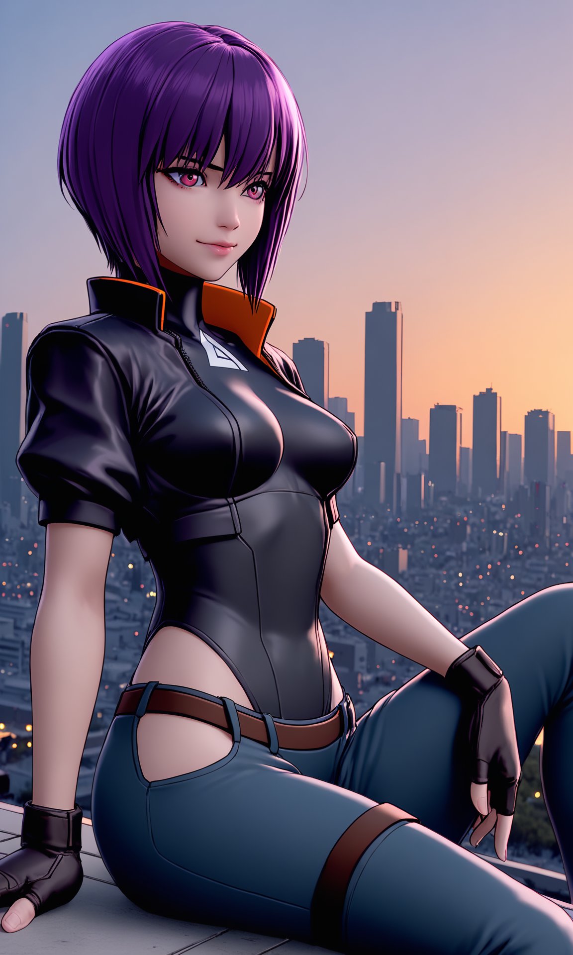 (masterpiece:1.2), (best quality:1.2), newest, (intricate details, very aesthetic, highres), good hands, 1girl, <lora:sd_xl_dpo_lora_v1-128dim:1>, <lora:motoko_2045:1> motoko2045xl, purple hair, short hair, lips, cyborg, pink eyes, medium breasts, cropped jacket, black jacket, collared jacket, short sleeves, fingerless gloves, black gloves, black leotard, highleg leotard, hip vent, blue pants, belt, kusanagi motoko, sitting, city scape, sunset, cyberpunk, science fiction, tokyo \(city\), knee up, sitting, gun, looking to the side, wind, light smile