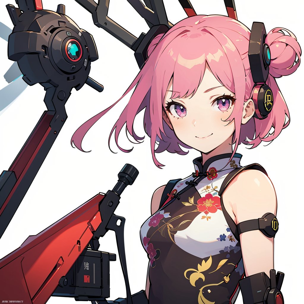 masterpiece, best quality,top quality,(white background:1.5),1girl,solo,pink hair,smile,(china_dress),( cheongsam:1.1),hair ornament,looking at viewer,standing,outdoors,star_in_eye,cyberpunk weapon,<lora:Celluloid_flat_mix_v2:0.8>,upper_body,bust,