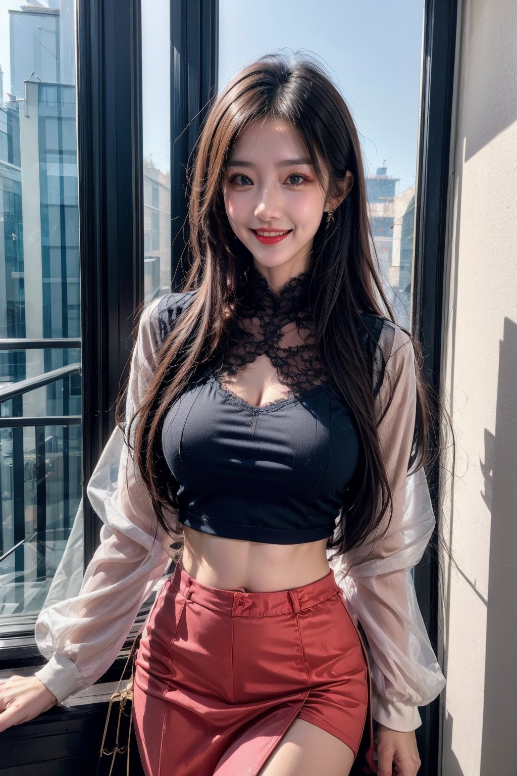 1girl, solo, skirt, long hair, looking at viewer, jewelry, earrings, white skirt, indoors,crop top, see-through, navel, black hair, standing,shirt, long sleeves, lace, blue shirt, lace trim, realistic, breasts,building, brown hair, smile, photorealistic, lips, city, red lips, day, brown eyes, medium breasts, parted lips, closed mouth, blue eyes, parted bangs,