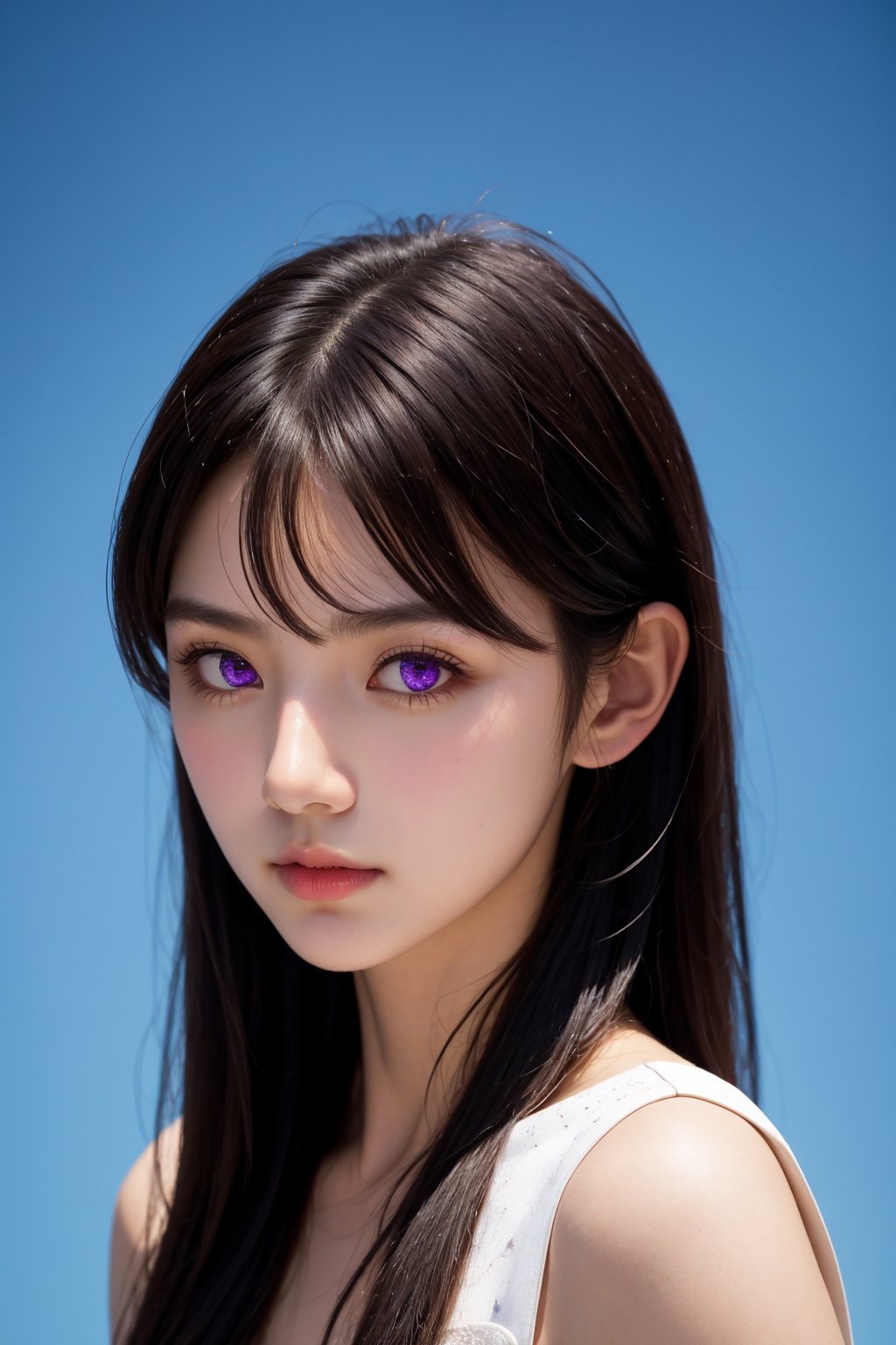 <lora:AgainEyes:1.75>,1girl,black hair,portrait,white dress,purple eyes,shining eyes,blue simple background,