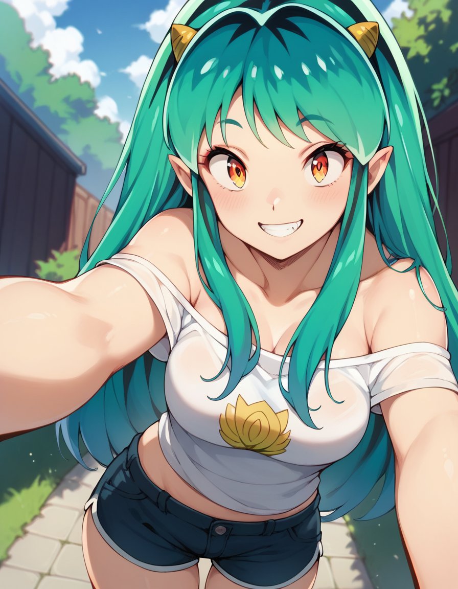 score_9, score_8_up, score_7_up, 1girl,  <lora:lum:1>, lumxl, long hair,green hair, aqua hair, multicolored hair, oni, cone horns, pointy ears, shirt, off shoulders, shorts, pov, selfie, smile, light blush, outdoors