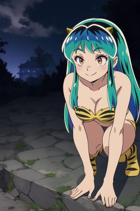 masterpiece, 8k,<lora:Urusei Yatsura lum:0.7> lum, oni horns, Bending over with a teasing smile, Haunted Mansion