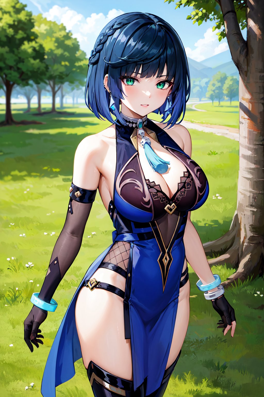 masterpiece, best quality, highres, aayelan, short hair, bob cut, braid, green eyes, earrings, neck tassel, cleavage, blue dress, sleeveless, bracelet, asymmetrical gloves, fingerless gloves, elbow gloves, pelvic curtain, <lora:yelan_v1:0.7>, standing, cowboy shot, outdoors