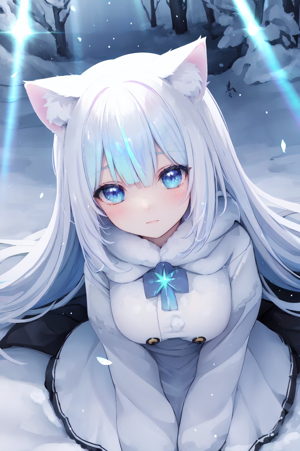 Nekomimi warrior,snow forest,(iridescent light:1.2),(glow light:1.2),(lens flare:1.2),from above,