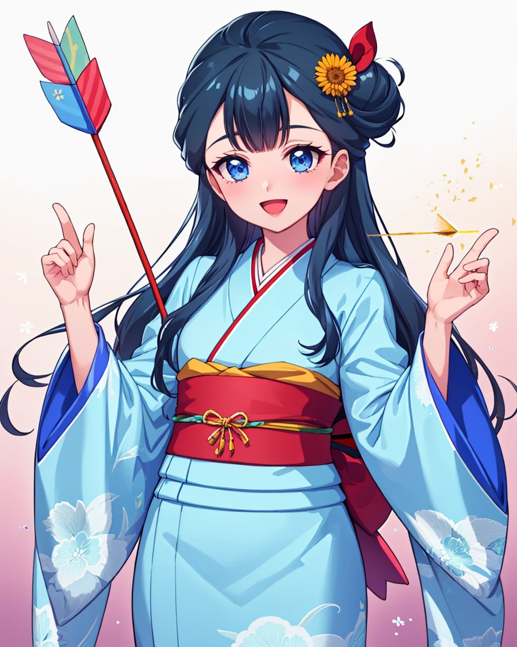 masterpiece,best quality, highly detailed, yakushiji saaya,1girl, solo, blue kimono, open mouth, print kimono, :d, floral print, standing, looking at viewer, shiny, arrow (projectile), fur trim, new year, red ribbon, sash, hamaya, braid, bell, holding arrow, long sleeves,<lora:yakushiji_saaya:1>