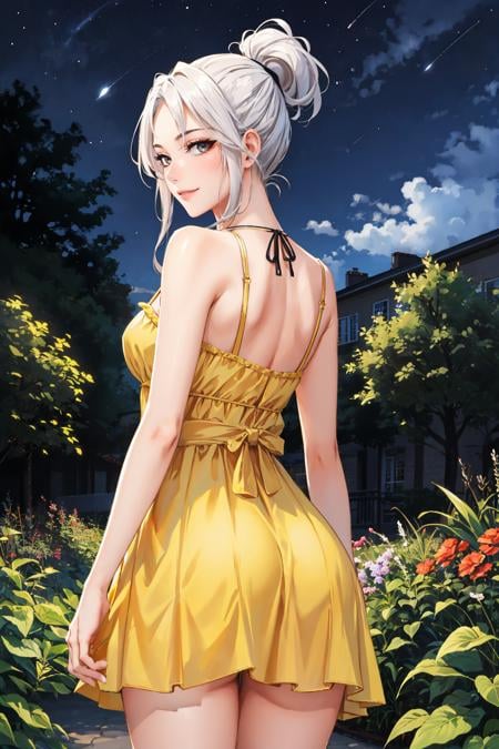 masterpiece, best quality, 1girl, <lora:valorantjett-nvwls-v1-000009:0.9> valorantJett, short ponytail, yellow sundress, from behind, garden, night sky, smirk  <lora:edgChamYellowSundress:0.4> edgYSD,woman wearing a yellow sundress