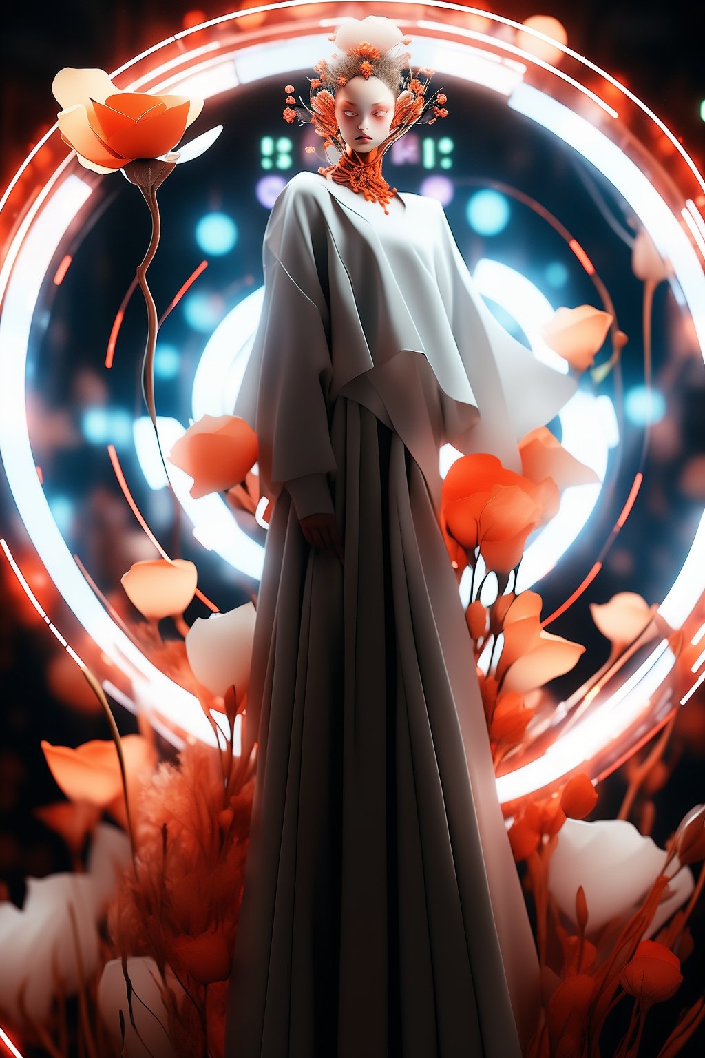 masterpiece,best quality,a woman in a white dress with a red circle around her neck and a flower in her hair,standing in front of a neon circle,