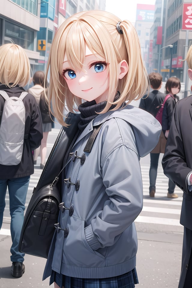 insanely detailed, absurdres, ultra-highres, ultra-detailed, best quality,1girl, solo, nice hands, perfect handsBREAKduffle coat, (turtle neck sweater:1.2), Pleated skirtBREAKhappy smile, laugh, closed mouth, standing,(hands on own chest, arms up:-1.5), standing, cowboy shotBREAKslender, kawaii, perfect symmetrical face, ultra cute girl, ultra cute face, ultra detailed eyes, ultra detailed hair, ultra cute, ultra beautifulBREAKshibuya, akihabara, tokyo, street, crowd, cityscapeBREAK(blonde medium hair, blue eyes), hair between eyes