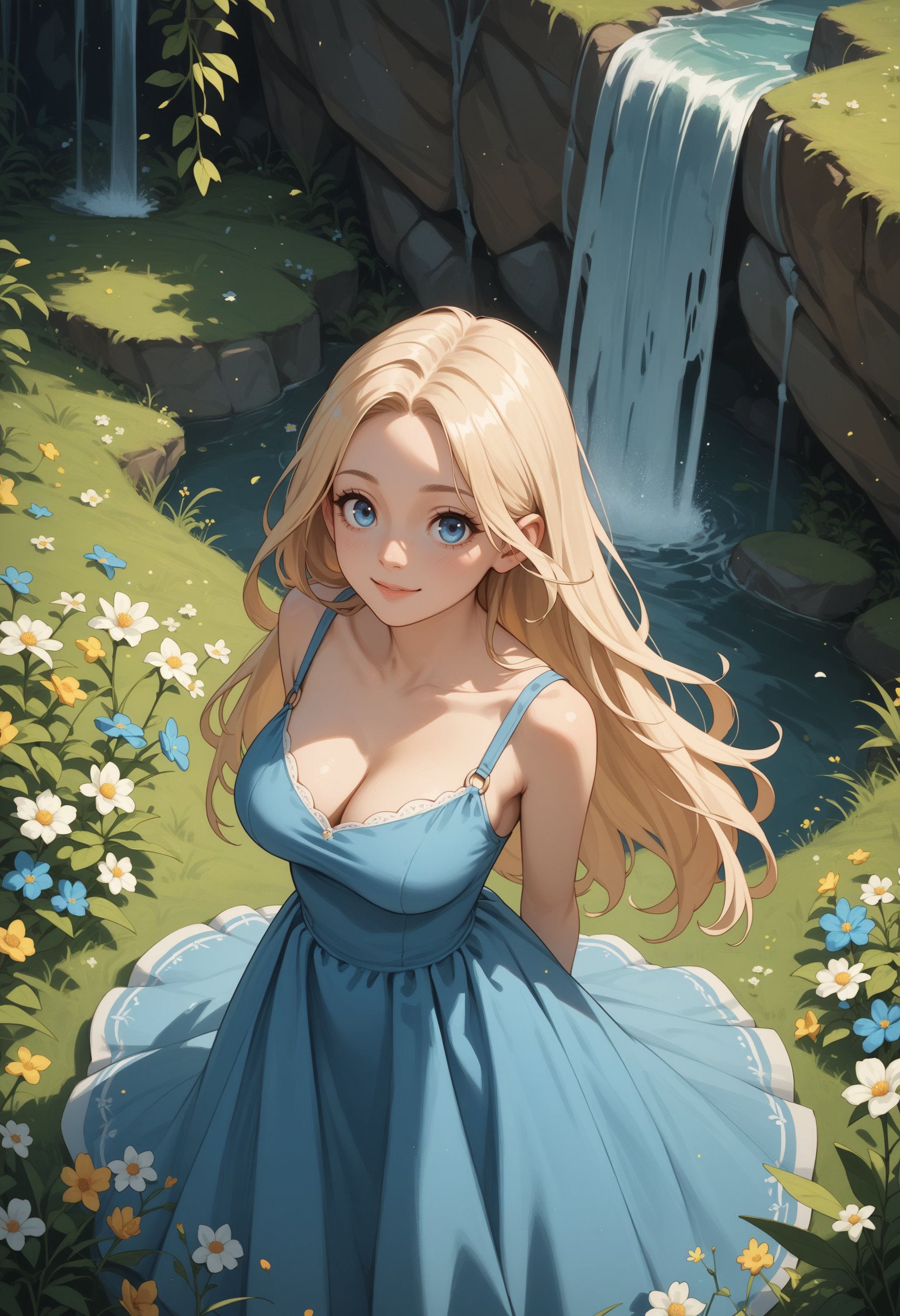 score_9, score_8_up, score_7_up, score_6_up, score_5_up, score_4_up, rating_safe, 1girl, from above, face focus, fisheye, blue dress, very long hair, blue eyes, meadow, waterfall, flower field, arms behind back, slight smile, large breasts