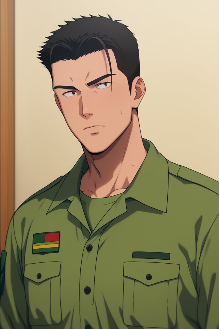 score_9,score_8_up,score_7_up, solo male, Isami Ao \(Brave Bang Bravern\), black hair, short hair, (bare forehead), brown eyes, sanpaku, constricted pupils, black undershirt, green pilot jumpsuit, blakc undershirt, adult, mature, masculine, manly, handsome, charming, alluring, standing, upper body, perfect anatomy, perfect proportions, best quality, masterpiece, high_resolution, dutch angle, cowboy shot,Isami Ao<lora:EMS-368798-EMS:0.800000>