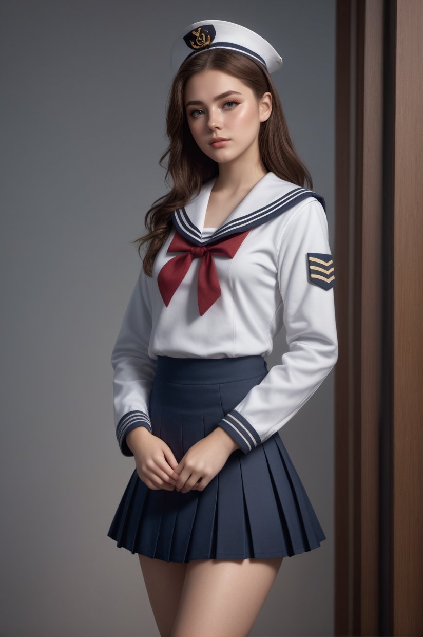 ((masterpiece, best quality, absurdres, highres, high quality, 8k raw)), (((full body standing portrait))) 1girl, freckles, eyelashes, eyeshadow, tall body, slim leg, petite body, blushed, (brown hair), perky,medium breasts, (((sailor uniform:1.4))), (hi-top fade:1.3), night, fog, (natural pale skin texture, hyperrealism, soft light, sharp), artistic photoshoot,