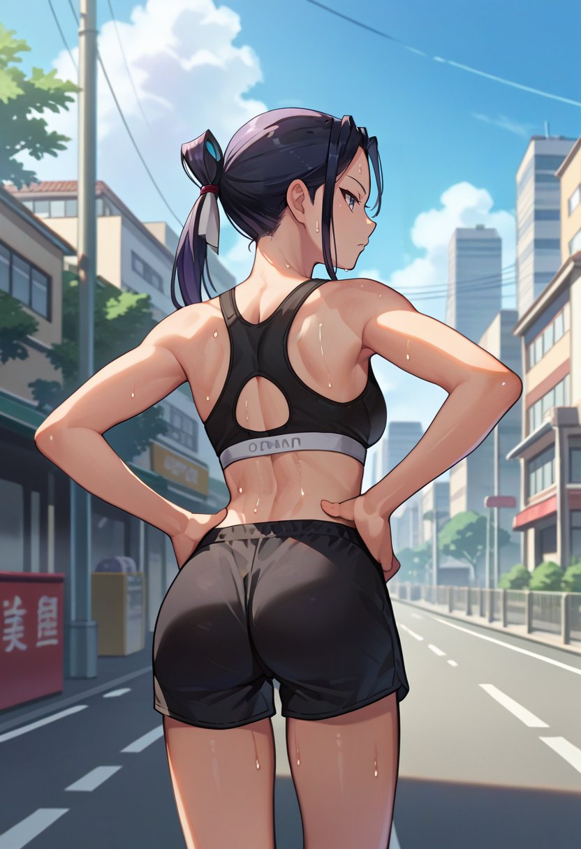 score_9, score_8_up, score_7_up, source_anime, from behind, solo, 1girl, kokuyou, sweat, expressionless, looking back, hands on own hips, ponytail, black sports bra, black shorts, ass, outdoors, city street <lora:tsugumomo_kokuyou_ponyXL:1>