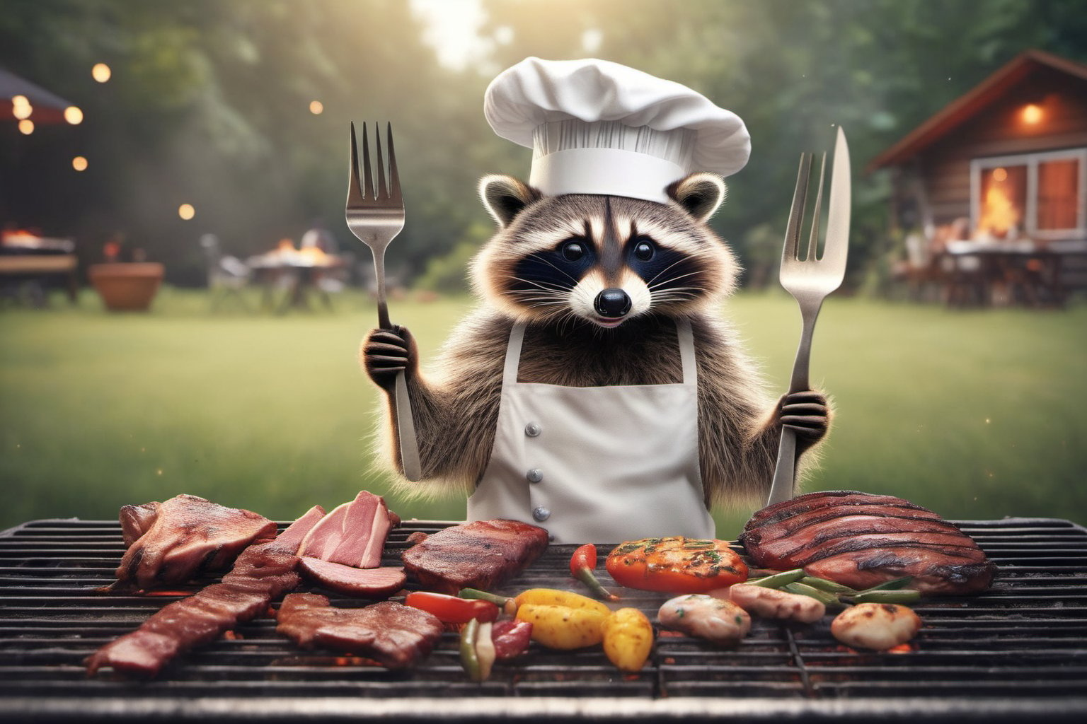 a hyper realistic image of a raccoon wearing a chefs hat, holding a fork, BBQ in the yard, bokeh BBQ yard meat backdrop