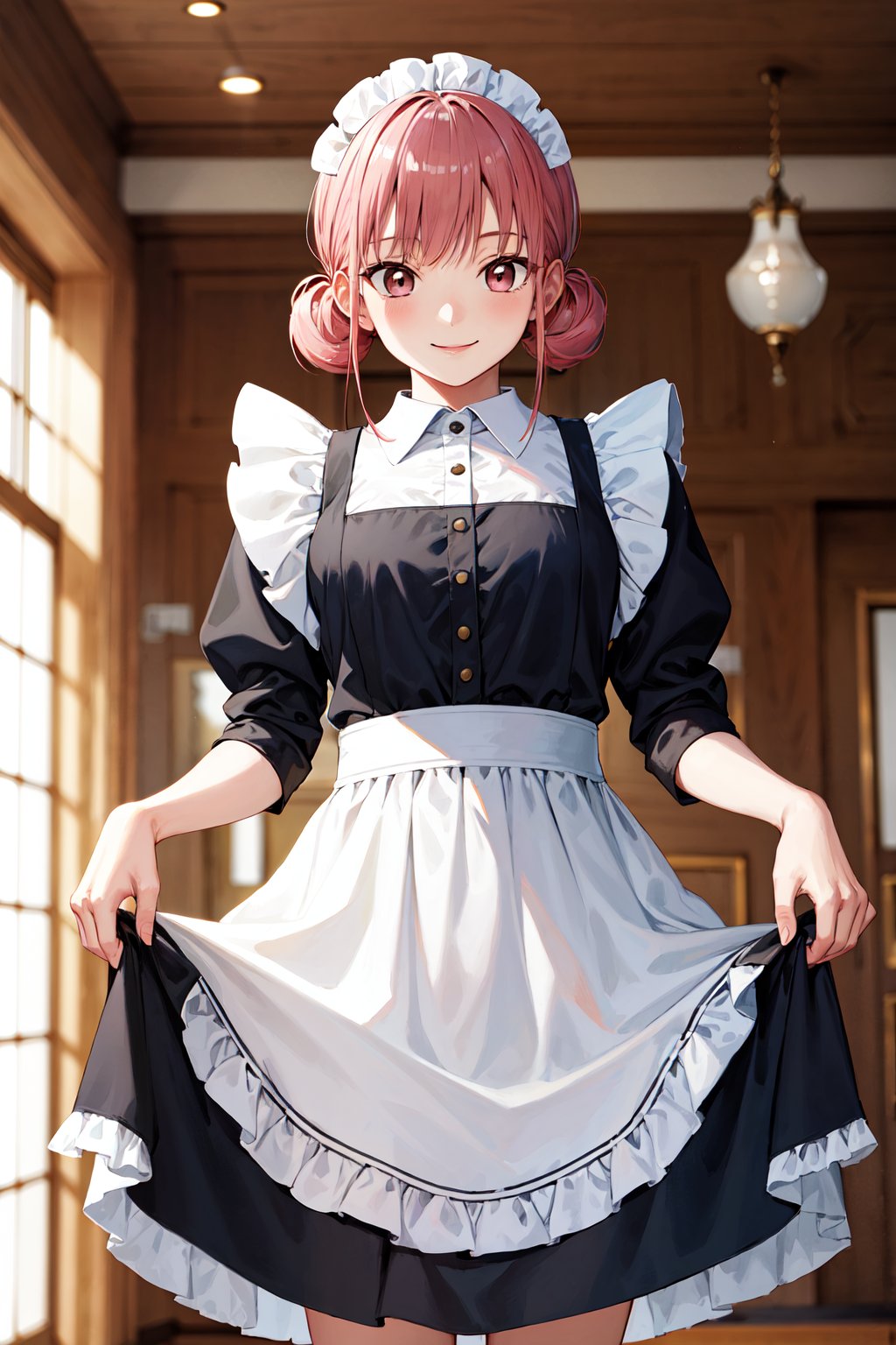masterpiece, best quality, highres, 1girl, solo, short hair, double bun, pink hair, brown eyes, <lora:chono_hina_v1:0.7>, maid, apron, skirt hold, indoors, standing, cowboy shot, smile