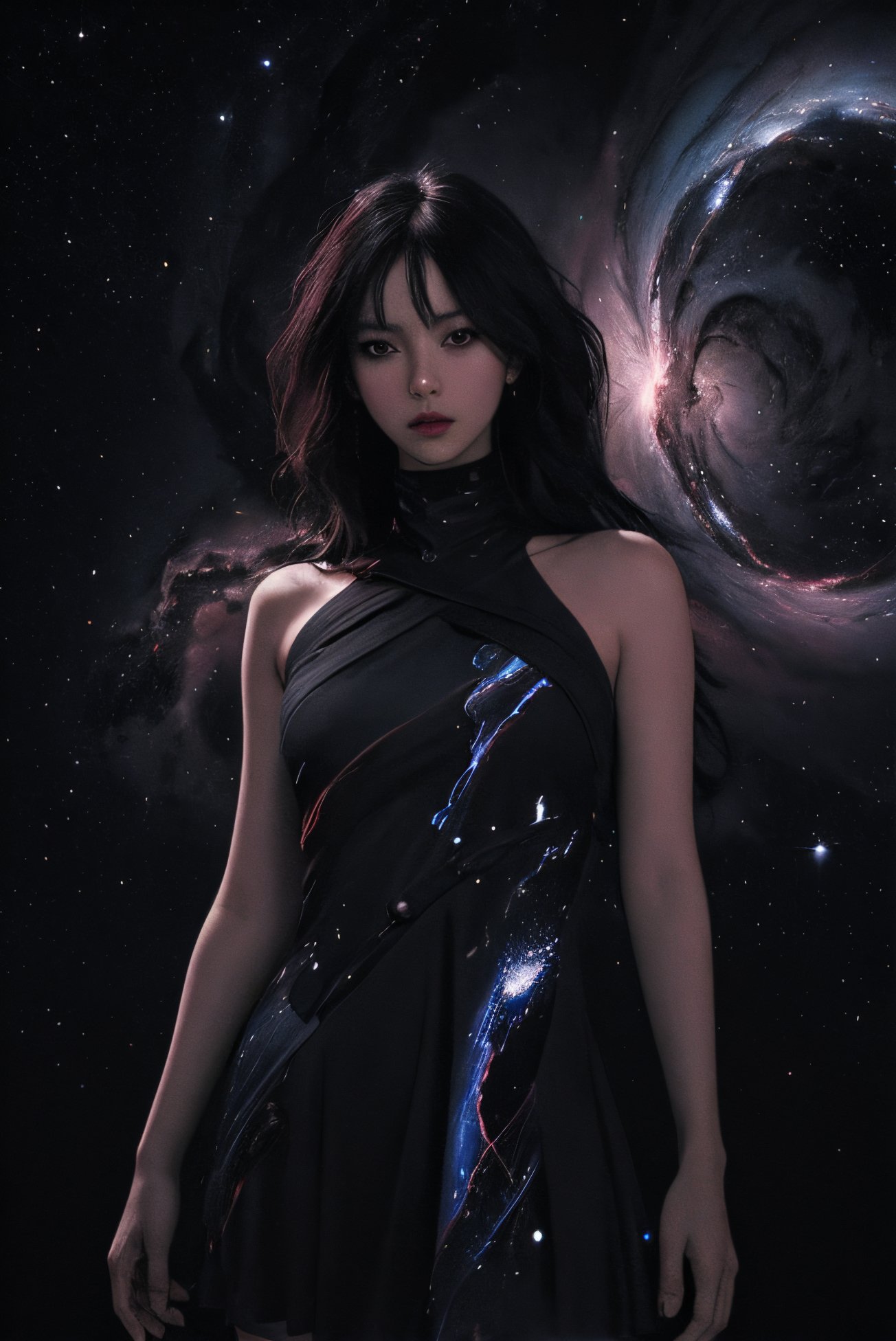 oia stunning,masterpiece, best quality, ultra high res, (abstract art:1.3), (dark theme:1.2), art, stylized, deep shadow, dark theme, 1girl, cosmic dress, cosmic beauty, in space, nebula