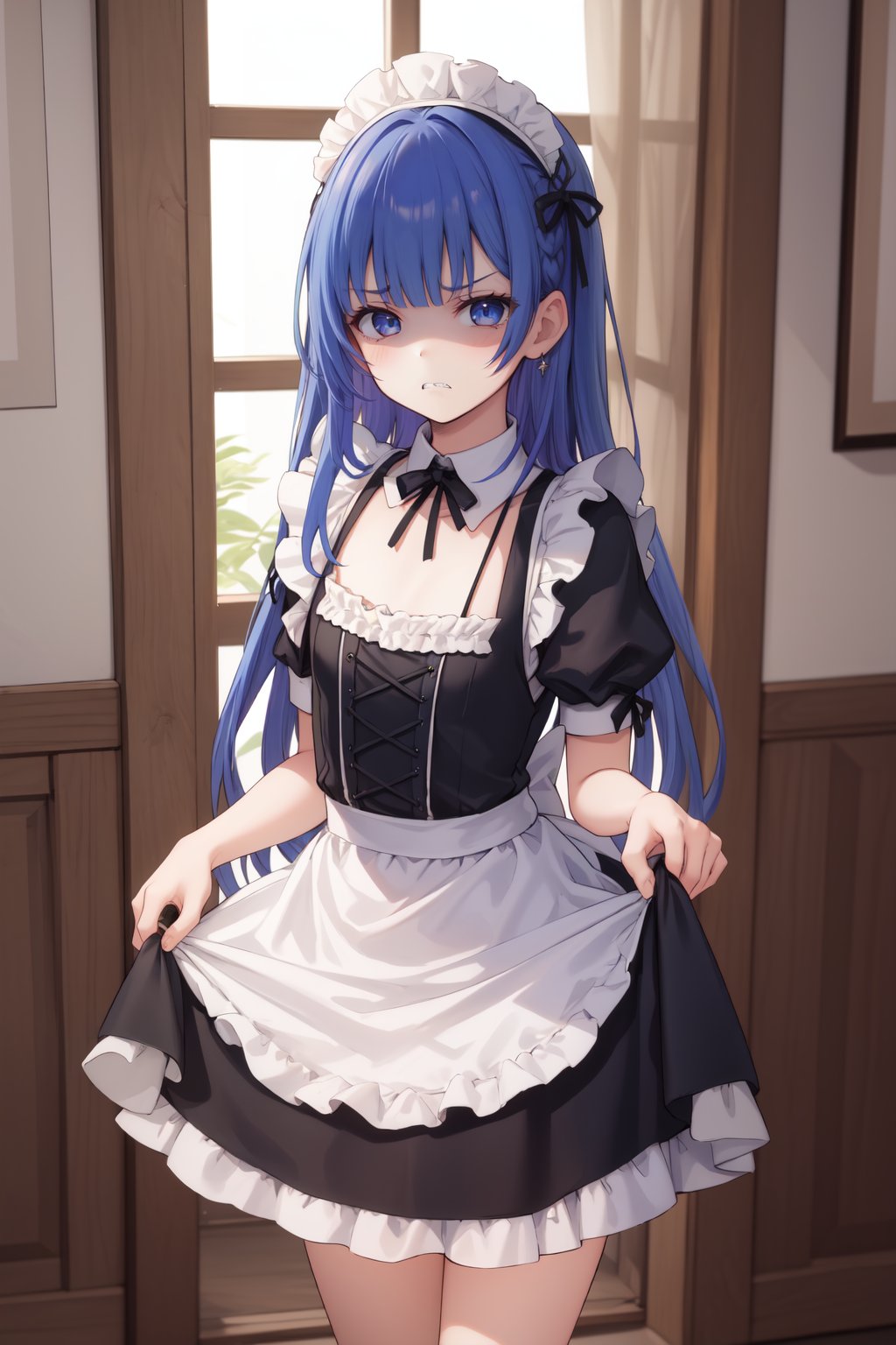 masterpiece,best quality,highres,ultra-detailed,(facing_viewer:1.1), solo, 1girl, straight_long_hair, flat_chest, solo, maid, standing, indoors, palace, cowboy_shot,disgust_face,frown,(shaded_face:1.2),clenched teeth, <lora:SelfTraining_表情-鄙視眼神:1>