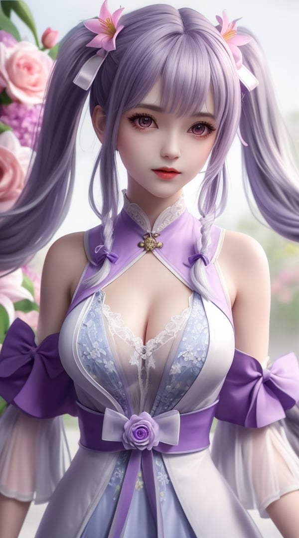 (,1girl, ,best quality, ),looking at viewer, <lora:380-DA-武动乾坤-林青檀:0.8> ,ultra detailed 8k cg,ultra detailed background,ultra realistic 8k cg,1girl, solo,(bare shoulders:0.85),(masterpiece, best quality),((oil painting style)),sexy young lady,(beautiful face and eyes),(upper body:1.5),(whole body:1.05),(single person:1.2),surrounded by flowers, (lily), roses, floret, vegetation, white, purple, purplish pink,Impressionism,colorful,(Breast size:1.3),(()), 1girl, solo, blue_ribbon, detached_sleeves, ribbon, long_hair, twintails, thighhighs, bow, blue_sleeves,silver hair, 