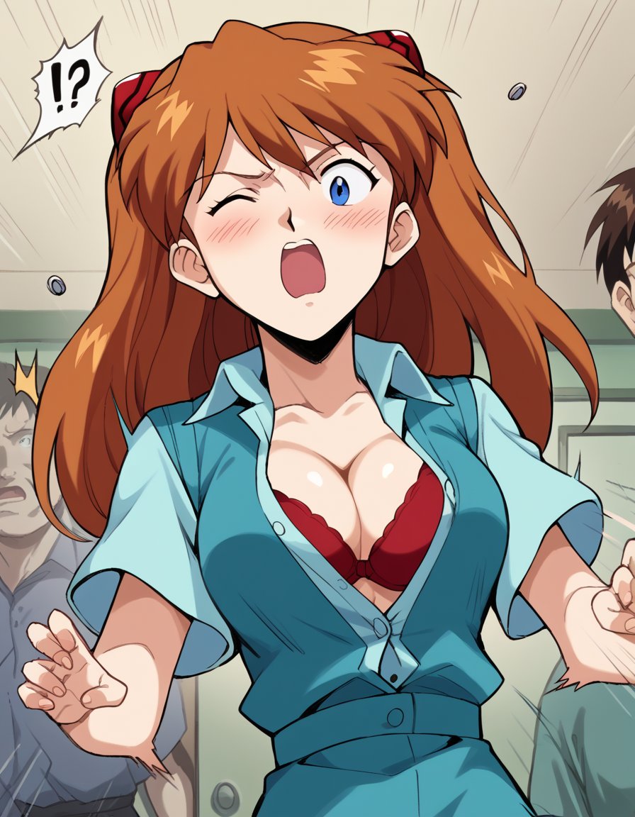 score_9, score_8_up, score_7_up, source_anime, asukalangleysoryu, <lora:asuka-langley-soryuu-classic-ponyxl-lora-nochekaiser:1>, asuka langley soryu, long hair, bangs, blue eyes, brown hair, hair ornament,, <lora:flying-button-ponyxl-lora-nochekaiser:1>, flying button, popped button, bursting breasts, wardrobe malfunction, button gap, bra peek, surprised, motion blur, shirt, cleavage, motion lines, ?!,, indoors, blush, open mouth, one eye closed,, cowboy shot, dutch angle,