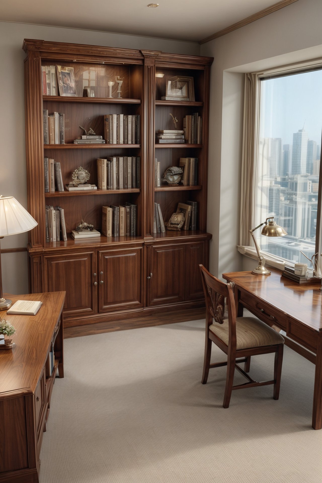 Ultra-realistic 8k CG,masterpiece,best quality,Highly detailed,Professional,extreme detail description,indoors,frame,table,chair,bookcase,<lora:Yue暖馨室内设计v1:0.7>,<lora:add_more_details:0.6>,bookshelf,book,desk lamp,from_above,front view,