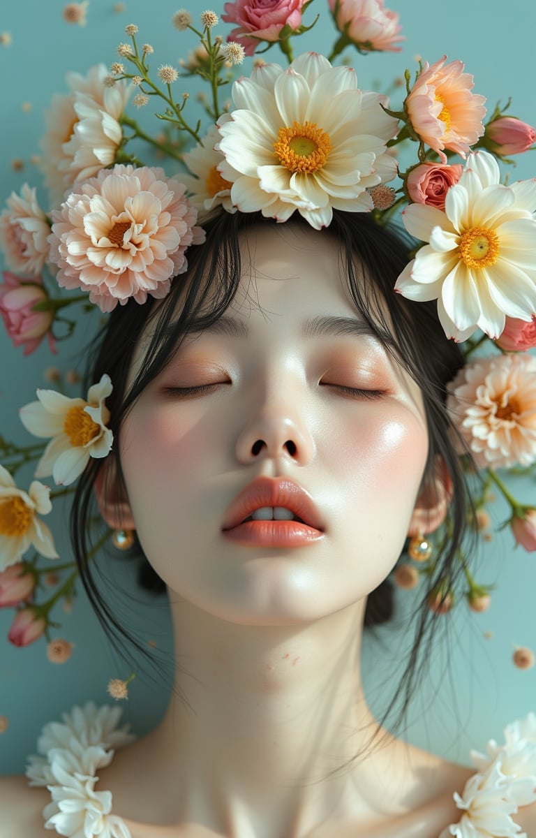 A serene and ethereal portrait of a woman adorned with delicate flowers, her eyes gently closed as if in tranquility or perhaps lost within an artistic dreamscape