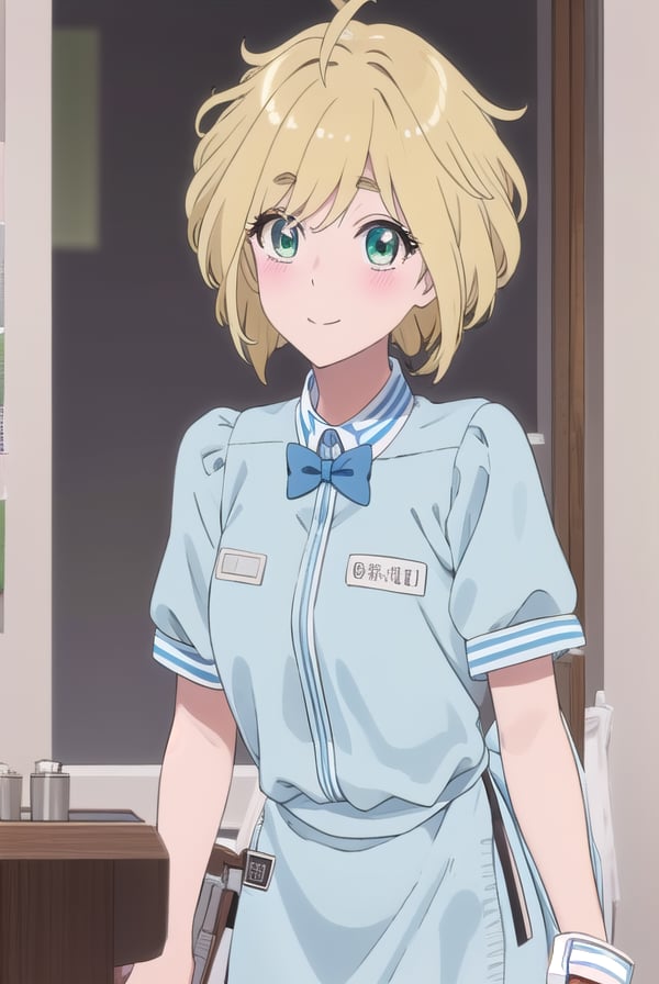 yuinishida, <lora:yui nishida s1-lora-nochekaiser:1>,yui nishida, short hair, blonde hair, (green eyes:1.3), ahoge, blush, blush sticker, smile,BREAK shirt, bow, short sleeves, puffy sleeves, apron, blue shirt, name tag, waitress,BREAK indoors, restaurant,BREAK looking at viewer, (cowboy shot:1.5),BREAK <lyco:GoodHands-beta2:1>, (masterpiece:1.2), best quality, high resolution, unity 8k wallpaper, (illustration:0.8), (beautiful detailed eyes:1.6), extremely detailed face, perfect lighting, extremely detailed CG, (perfect hands, perfect anatomy),