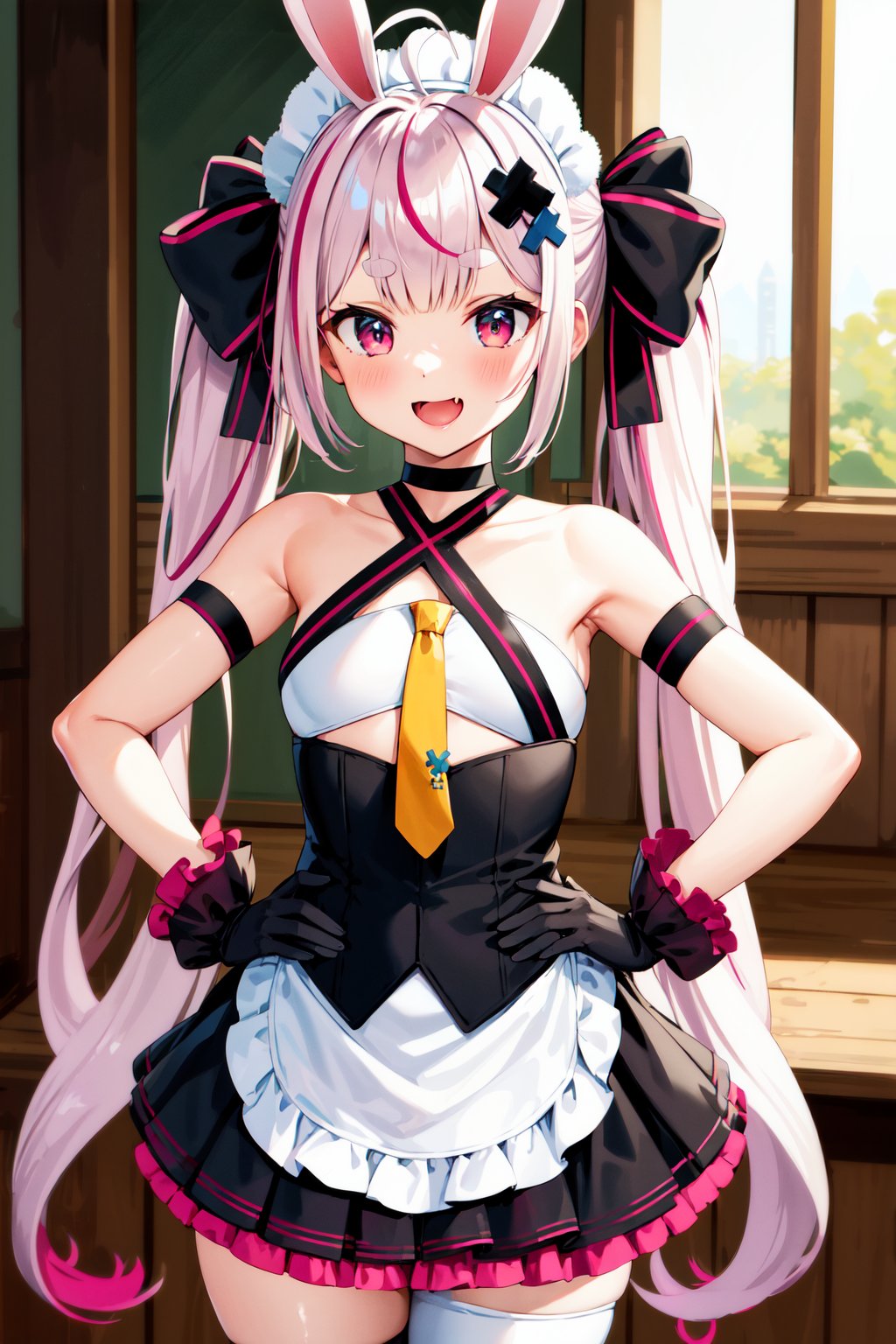 masterpiece, best quality, highres, aatomari, long hair, ahoge, twintails, hair bow, multicolored hair, rabbit ears, maid headdress, x hair ornament, thick eyebrows, choker, criss-cross halter, yellow necktie, bare shoulders, black gloves, frills, layered skirt, black skirt, single thighhigh, <lora:tomari_mari_v1:0.7>, smile, hand on hip, open mouth, fang