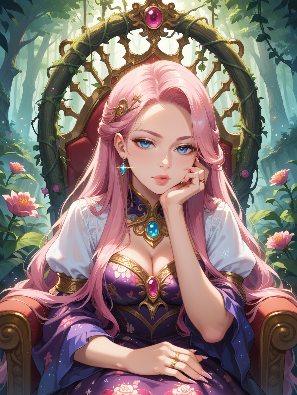 score_9, score_8_up, score_7_up,source_anime,extreme ornate clothes, close-up, head rest, glittering dress, glittering lips, glossy lips, long fingernails, narrowed eyes, multiple rings, ethereal female warrior with flowing pink hair, seated on a throne made of vines and flowers, intricate floral patterns on her gown, glowing magical orbs, enchanted forest, highly detailed background, soft lighting, photorealistic