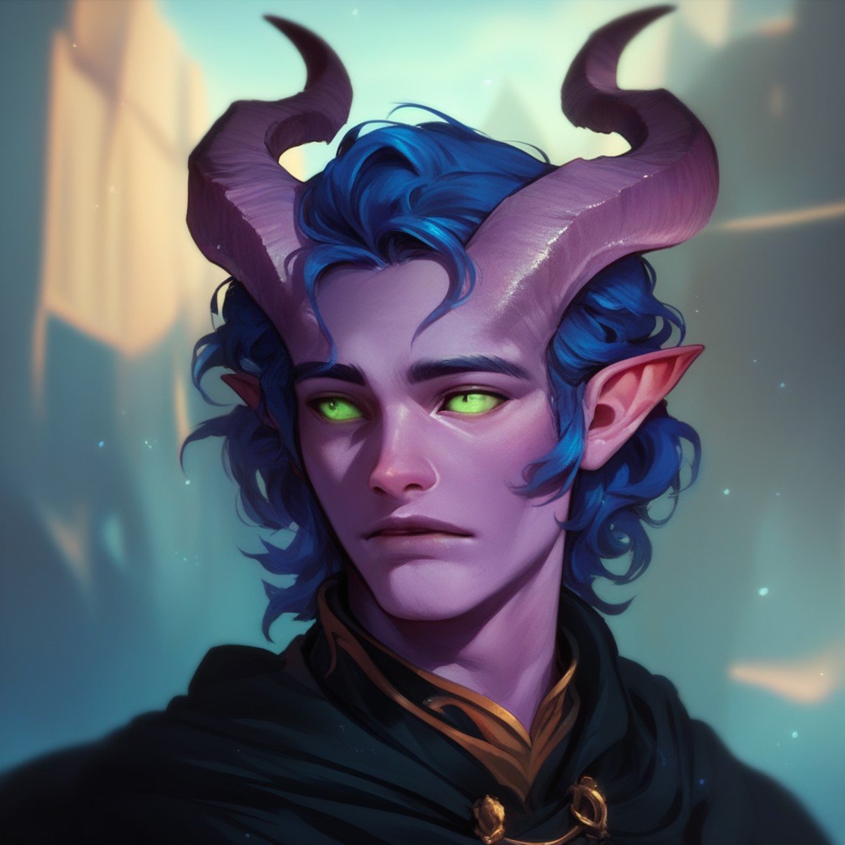 (((beautiful, high quality))), portrait, score_9, score_8_up, score_7_up, Tiefling, pointed ears, horns, colored sclera, 1boy, purple skin, blue hair, green eyes, black cape, fantasy background, blurred background