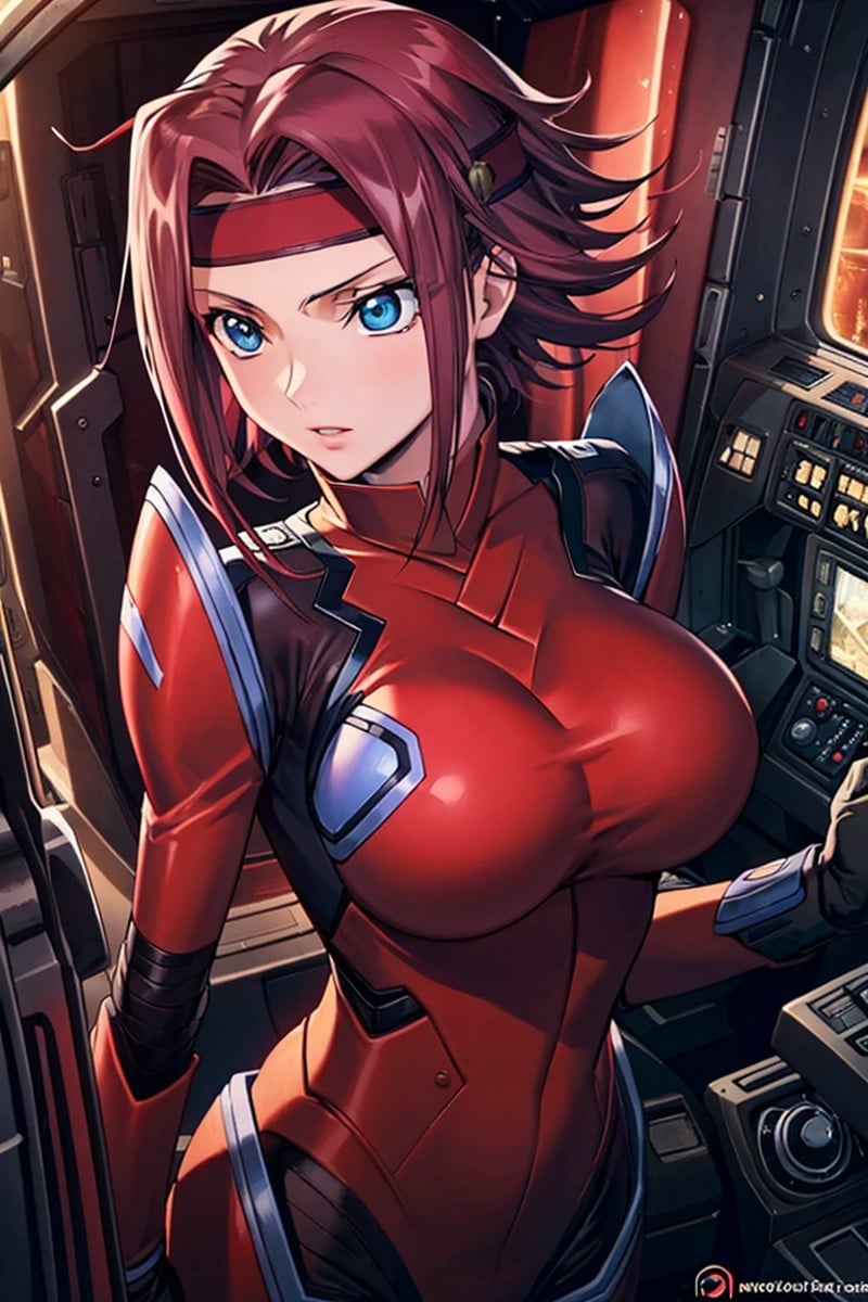 (best quality, masterpiece:1.3),kallencodegeass,(pilotsuitr2:1.3), extremely detailed,1girl,(colorful),(finely detailed beautiful eyes and detailed face),blue eyes,red hair,cinematic lighting,extremely detailed CG unity 8k wallpaper,solo,serious,cockpit,(cowboy shot:1.3),(red headband:1.3)