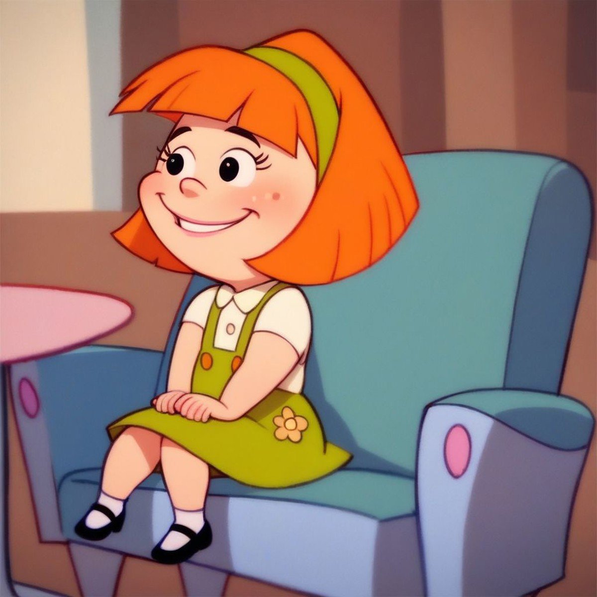 score_9, score_8, score_7, female child, adorable, suzy, orange hair, hairband, skirt, sitting, comfortable chair