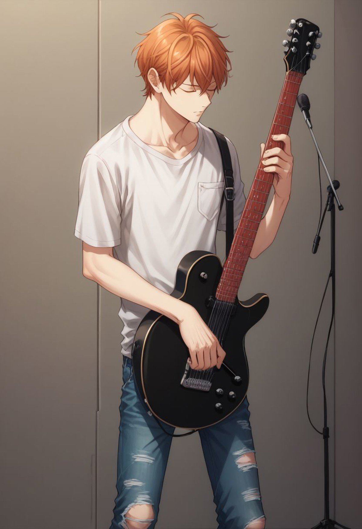 score_9, score_8_up, score_7_up, source_anime, highly detailed, skinny, mafuyu, male focus, 1boy, instrument, guitar, solo, plectrum, salmon hair, pants, music, shirt, microphone stand, closed eyes, electric guitar, playing instrument, full body, torn clothes, denim, torn pants,indoor, 