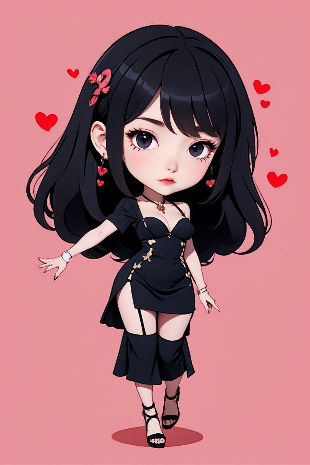 <lora:AgainChibiLora_v1:1>,1girl, solo, mole under eye, jewelry, mole, heart, black hair, necklace, dress, black eyes, black dress, black footwear, full body, breasts,