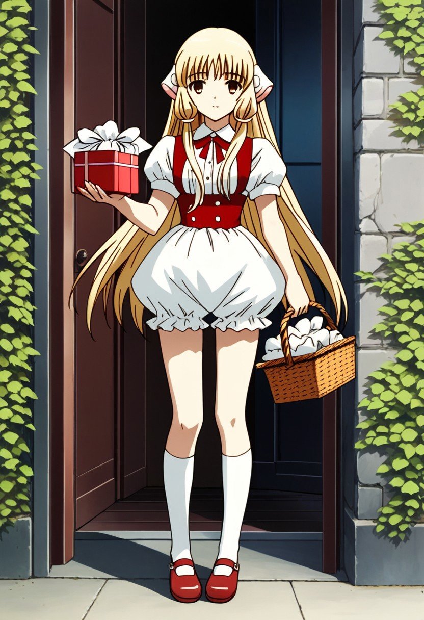 score_9,score_8_up,score_7_up,source_anime, Chii (Chobits),1girl,solo,dress,holding,underwear,full body,shoes,alternate costume,socks,box,mary janes,gift,bloomers,gift box,basket,holding gift,white bloomers,