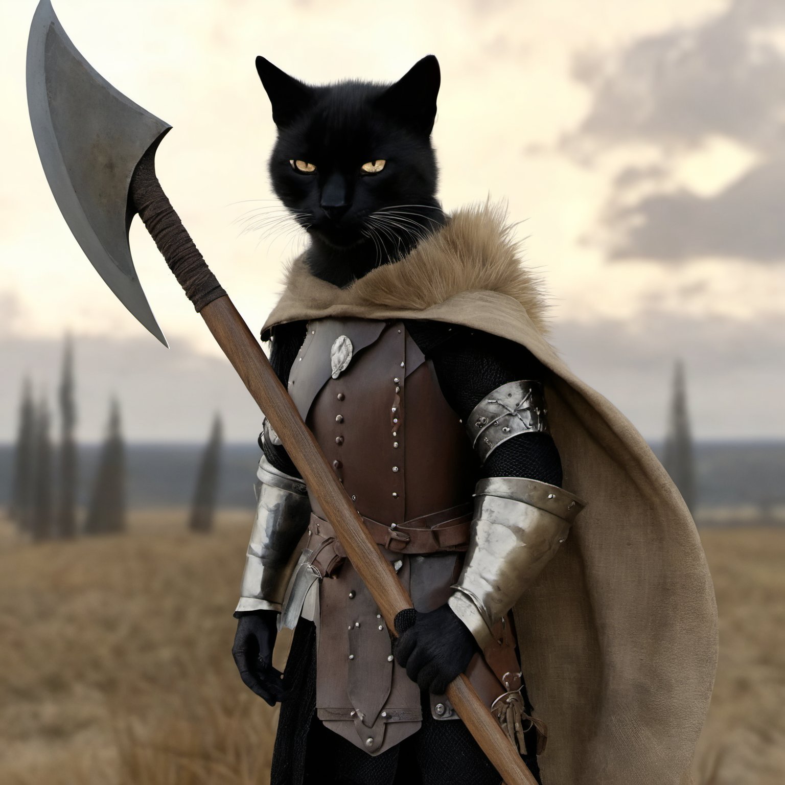 smirk, art by Monia Merlo and Paul Rader, romanticism art, Painting, (Viking Warrior Cat:1.1) , wearing Rounded warrior outfit, holding an axe, its warrior outfit, holding an axe has lots of intricate details, in focus, Grim, Neoclassicism, broad lighting, aw0k cat