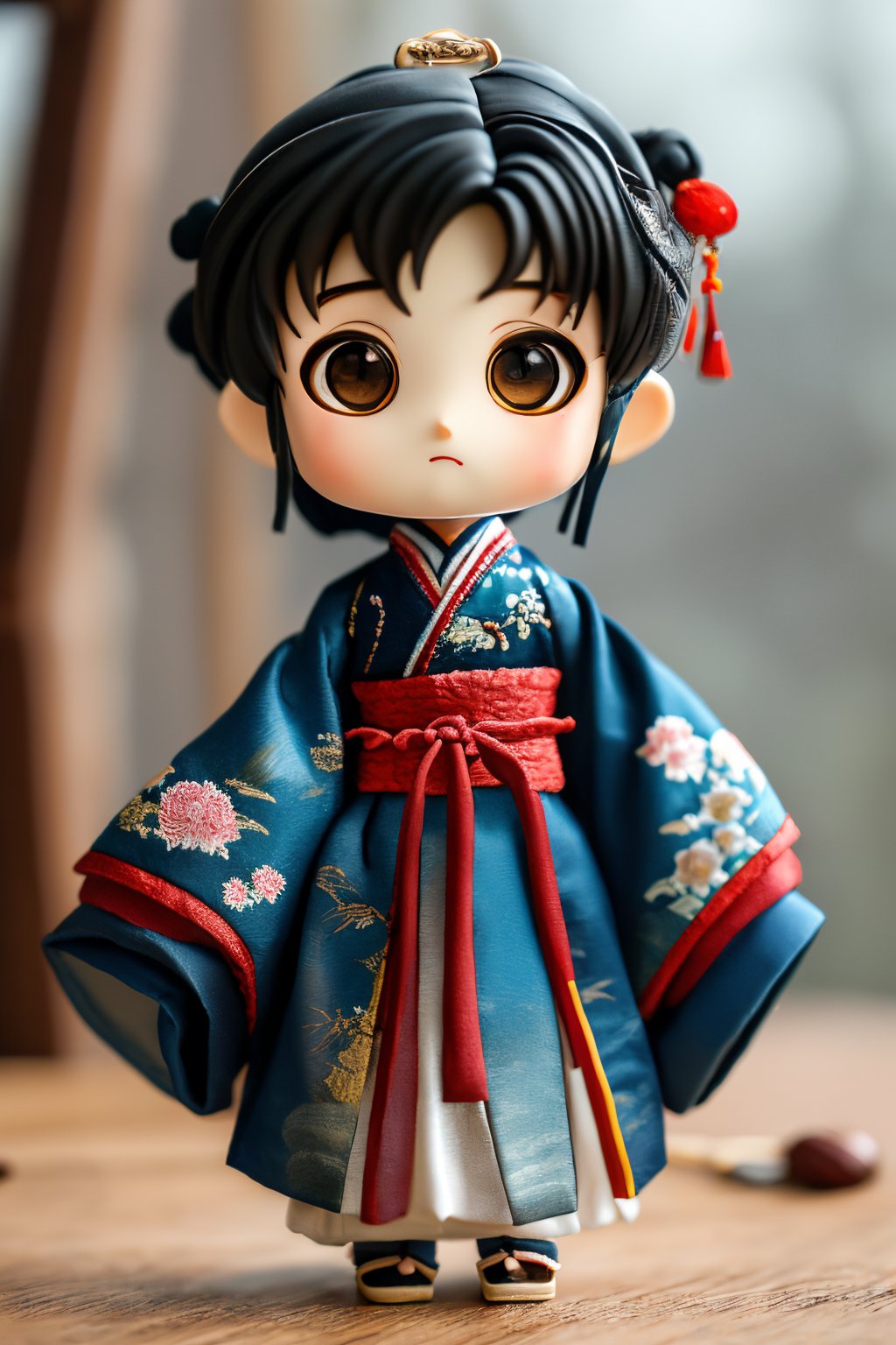 PPMT01,1boy,solo,looking at viewer,long sleeves,black hair,blurry background,full body,standing,sleeves past wrists,chinese clothes,chibi,<lora:PPMT1.5-000008:0.8>,, masterpiece, best quality,