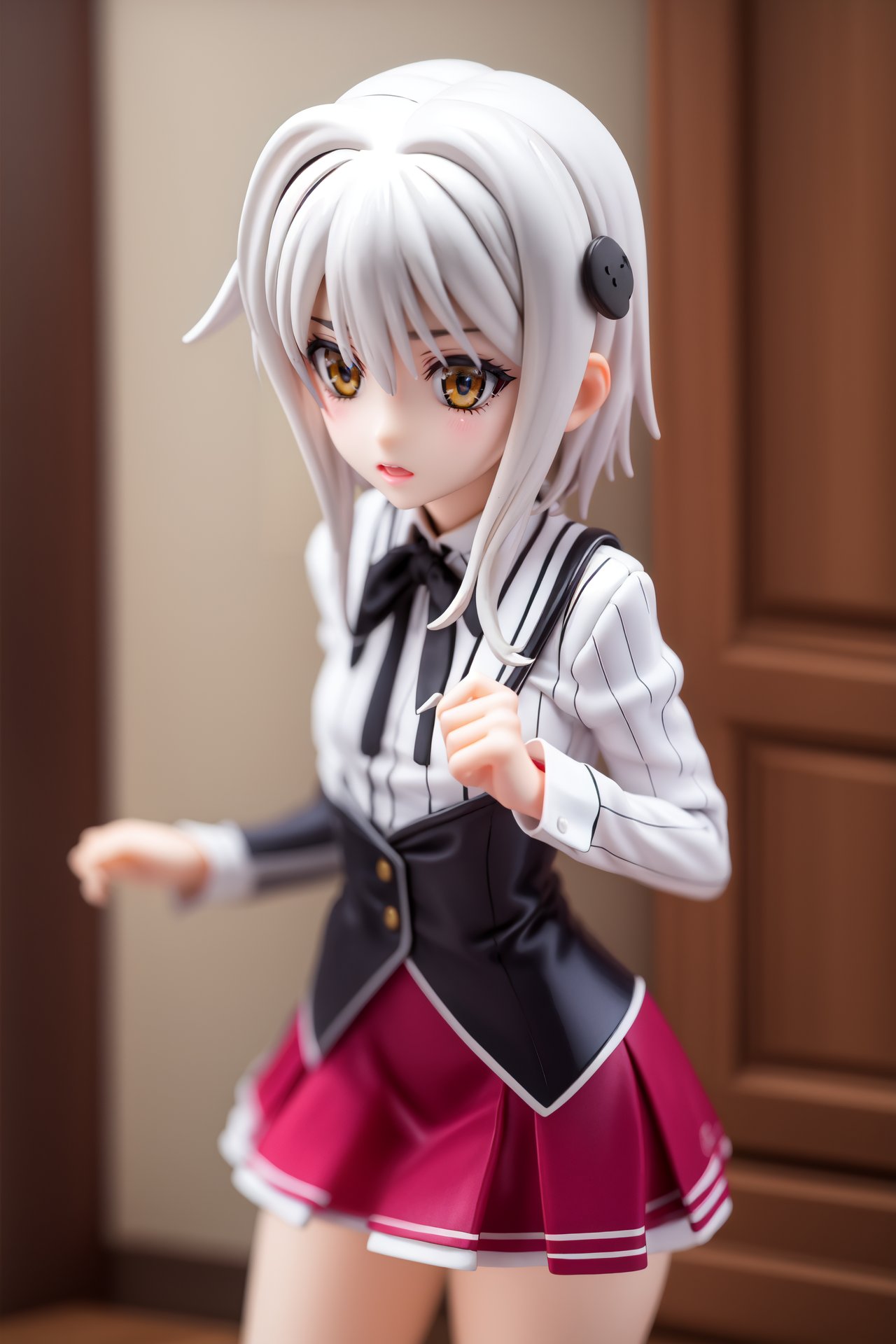 pvc style,konekotoujou, <lora:koneko toujou anime s1-lora-nochekaiser:1>,koneko toujou, short hair, hair ornament, (yellow eyes:1.2), white hair,BREAK skirt, school uniform, shirt, white shirt, collared shirt, neckerchief, black neckerchief, long sleeves, red skirt,BREAK indoors, classroom,BREAK looking at viewer, (cowboy shot:1.5),BREAK (masterpiece:1.2), best quality, high resolution, unity 8k wallpaper, (illustration:0.8), (beautiful detailed eyes:1.6), extremely detailed face, perfect lighting, extremely detailed CG, (perfect hands, perfect anatomy),figma,full body, 