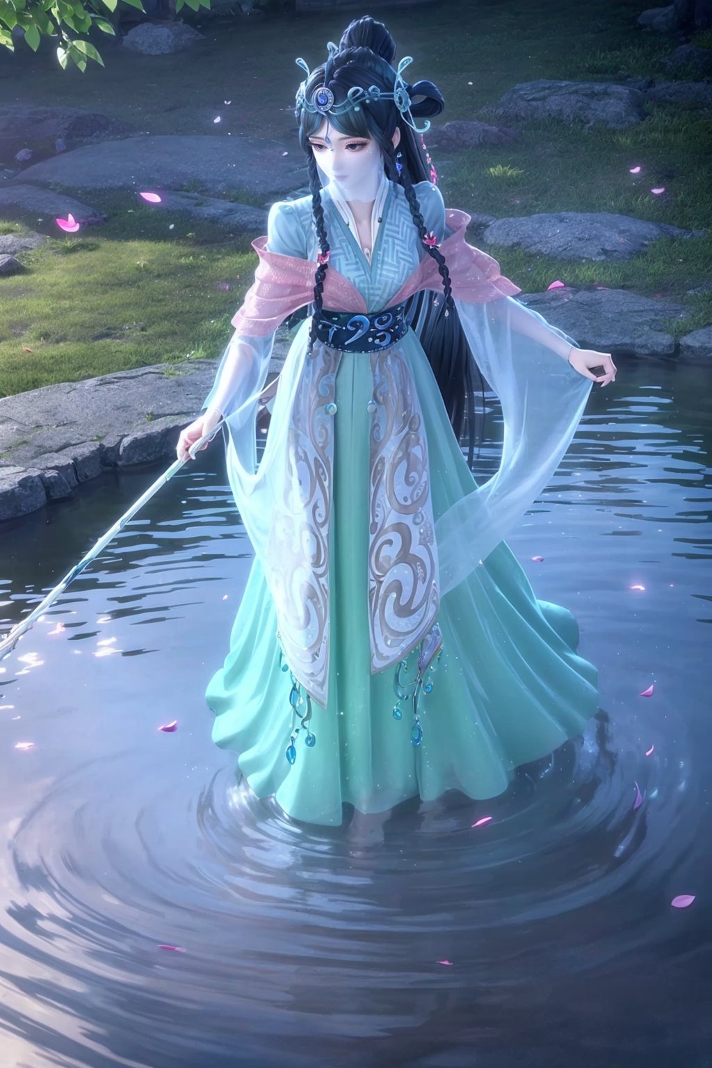 <lora:乐公主-000008:0.7>,1girl,solo,dress,long hair,hair ornament,jewelry,earrings,veil,instrument,full body,masterpiece,(best quality),official art,extremely detailed cg 8k wallpaper,((crystalstexture skin)),(extremely delicate and beautiful),highly detailed,petals,water,partially_submerged,petals_on_liquid,ripples,solo,cherry_blossoms,wading,hair_ornament,flower,rose_petals,day,looking_at_viewer,Stand on the water.,