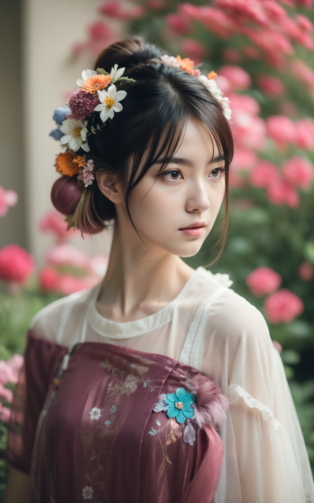 (((masterpiece))),(((best quality))),anime style,2d,slight elegant 1girl,solo,Dull as a Falconer,Colored hairstyle,flower in hair,key visual,