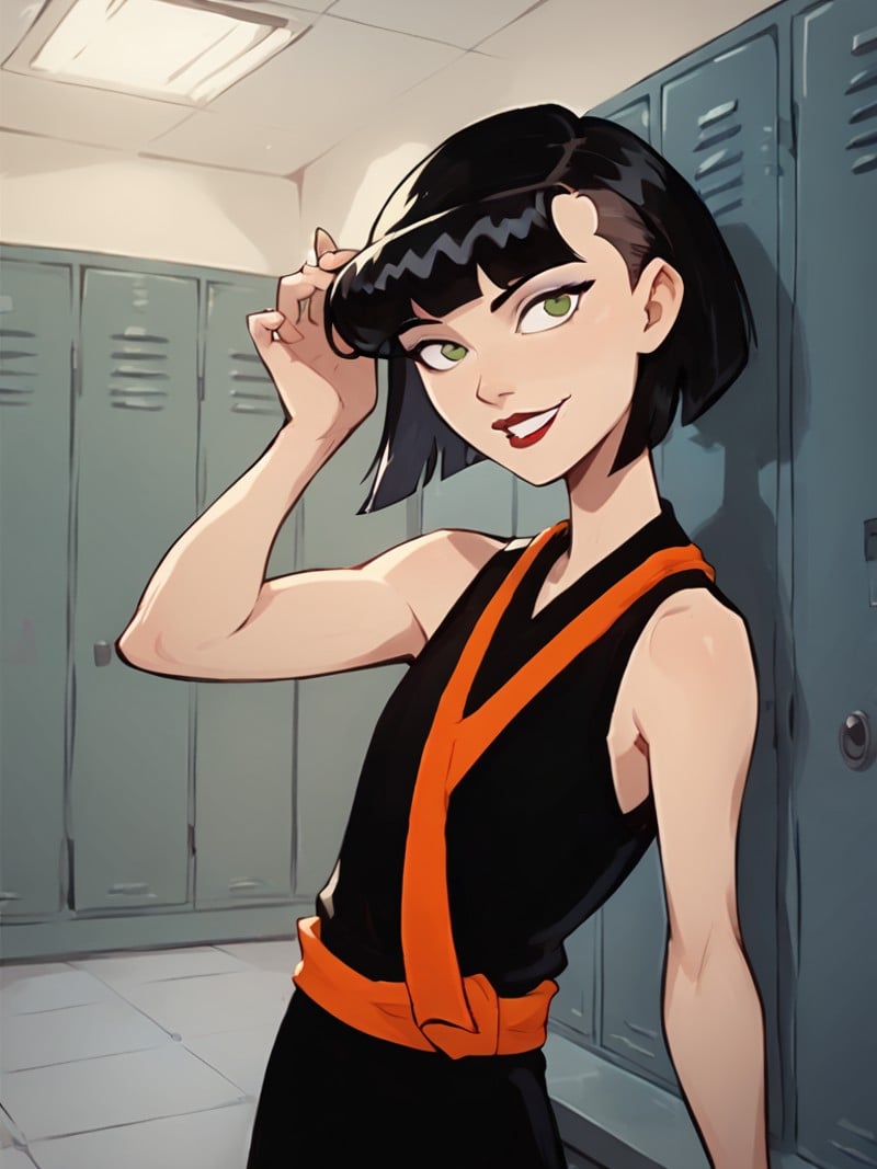 <lora:IngridPony1.0:0.8> ingridthird, 1girl, black hair, solo, short hair, green eyes, black dress,smile,orange sash,  sleeveless, makeup, looking at viewer,  lipstick, bob cut, locker,school,cowboy shot,  score_9, score_8_up, score_7_up, score_6_up <lora:Smooth Anime Style LoRA XL:1>