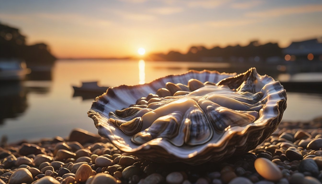 Concept art, RAW photo, Vector Art, Enchanted Oyster, at Sunrise, Bokeh, Accent lighting, High Shutter Speed, film camera, F/2.8, Lomography, involved in a project