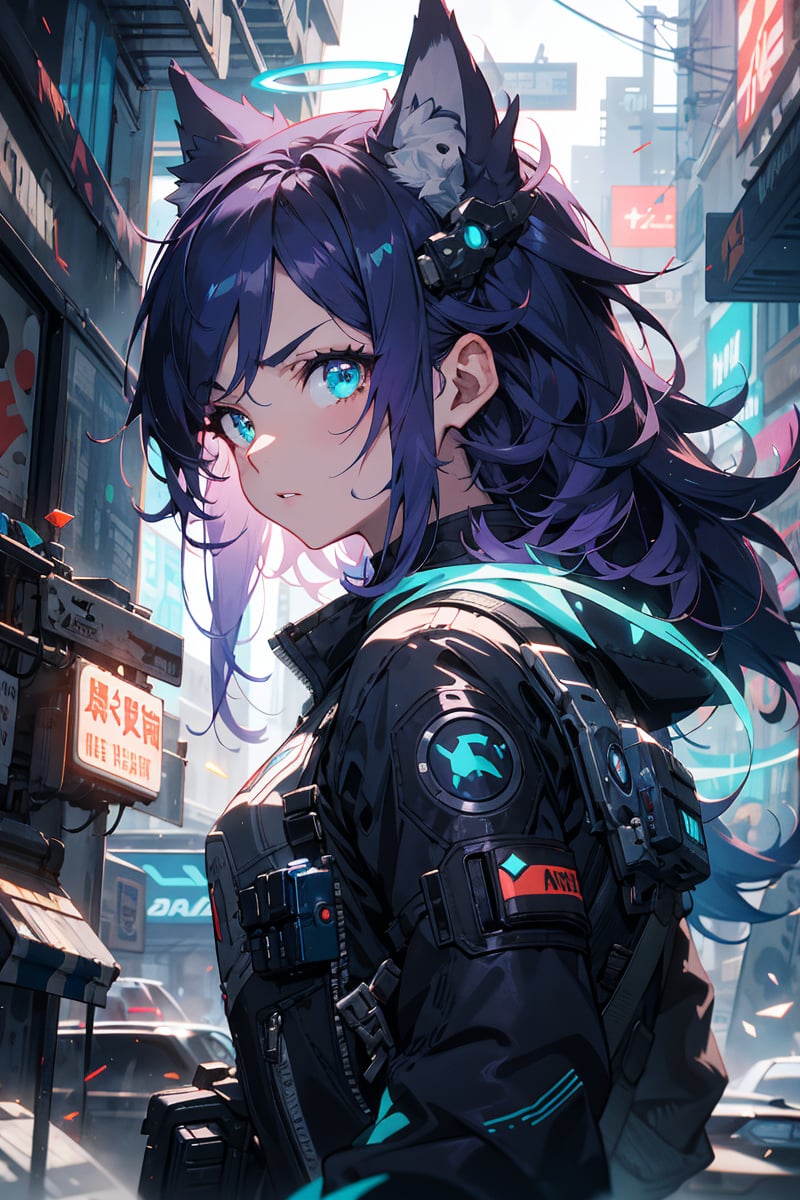 from font body,upper body,best quality,(official art,masterpiece,ultra detailed 8k art),fantasy,cyberpunk,(best hands:0.7),focus 1  female,wolf ears, serious, halo, purple hair, blue inner color,long side hair, aqua eyes, messy hair,(midnight), looking at viewer