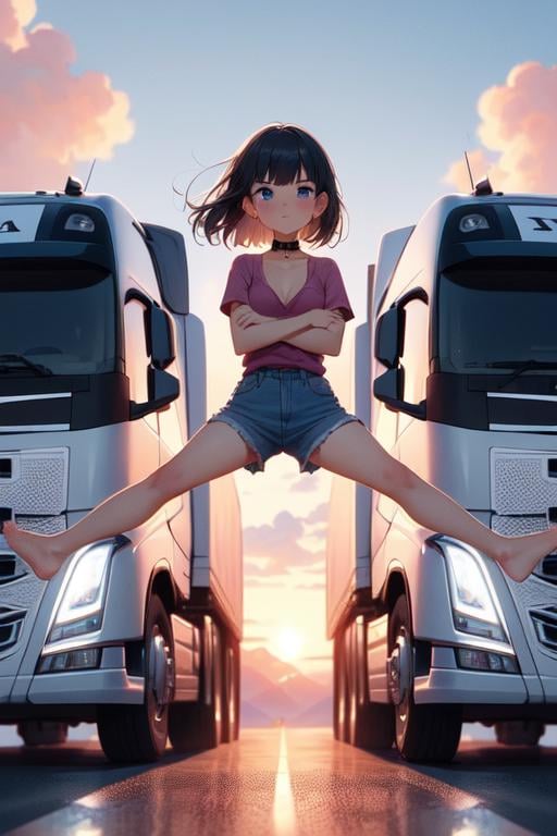 (((masterpiece))), (((best quality))), (((barefoot))), ((epic split)), ((crossed arms)), ((spread legs)), ((outstretched legs)), sky, wind, flare, sunrise, volvo, (truck:0.9), desert road, center line, distant sierra, vanishing point, closed mouth, solo, 1girl, collar shirt, shorts, sweat, cleavage, big tits, shy, blush, slim figure, <lora:girllikeepicsplit:0.8>