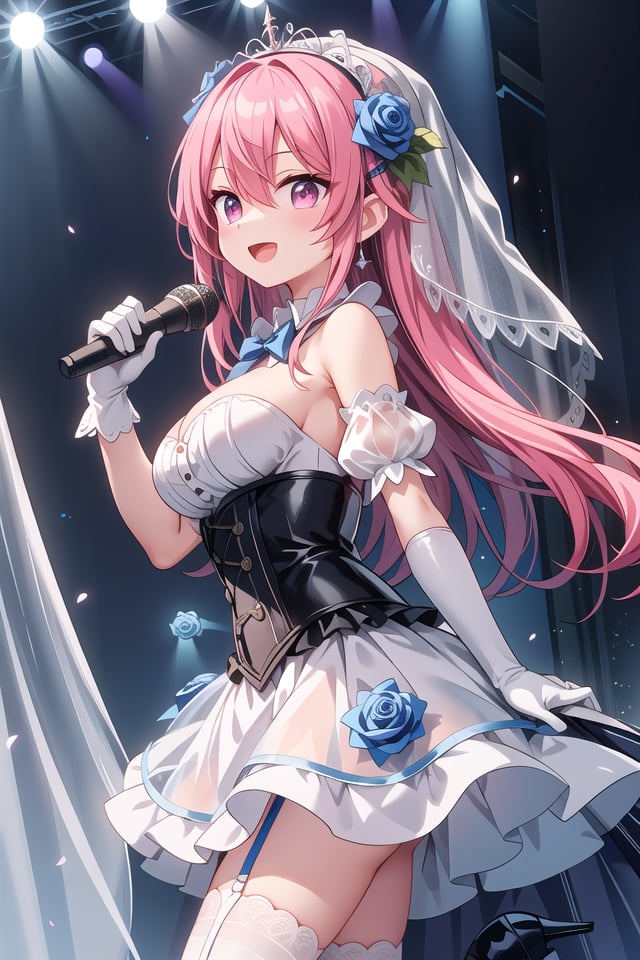 insanely detailed, absurdres, ultra-highres, ultra-detailed, best quality,1girl, solo, nice hands, perfect handsBREAK(nsfw:-1.5),(fusion of white mourning-dress and white wedding dress:1.2), (gothic dress:1.3), (light-blue and white theme:1.3), ((white mourning-veil, white see-through wedding-veil):1.5), ((white latex corset, light-blue breast-cup):1.4), (short puff-sleeve:1.3), ((white collar, tie-bow):1.3), ((ruffle-skirt, multilayer-skirt):1.4), ((stockings, garter belt):1.3), (see-through long gloves:1.3), (blue rose decoration on head:1.3), (high heels:1.1)BREAKhappy smile, laugh, open mouth, (standing, singing, dancing, holding microphone:1.4)BREAKfrom side,cute pose, cowboy shotBREAKslender, kawaii, perfect symmetrical face, ultra cute girl, ultra cute face, ultra detailed eyes, ultra detailed hair, ultra cute, ultra beautifulBREAKindoors, concert hall, idol live, crowded audienceBREAKmedium large breastsBREAKpink hair, pink eyes, chignon, hair between eyes