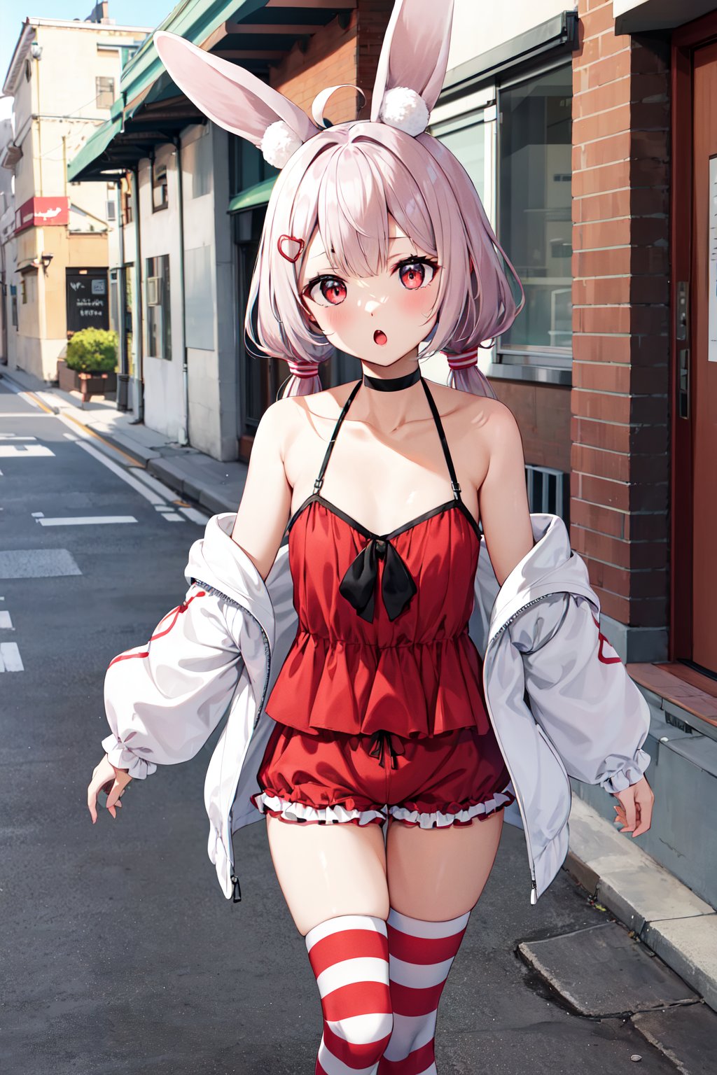 masterpiece, best quality, highres, bbtomari, long hair, low twintails, ahoge, rabbit ears, animal ear fluff, hairclip, choker, camisole, off shoulder, white jacket, red shorts, striped thighhighs, <lora:tomari_mari_v1:0.7>, walking, :o, street, cowboy shot, 