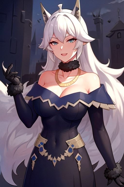 white long hair,  fur trim,choker, gloves,necklace, black long dress, balt, in castle, solo