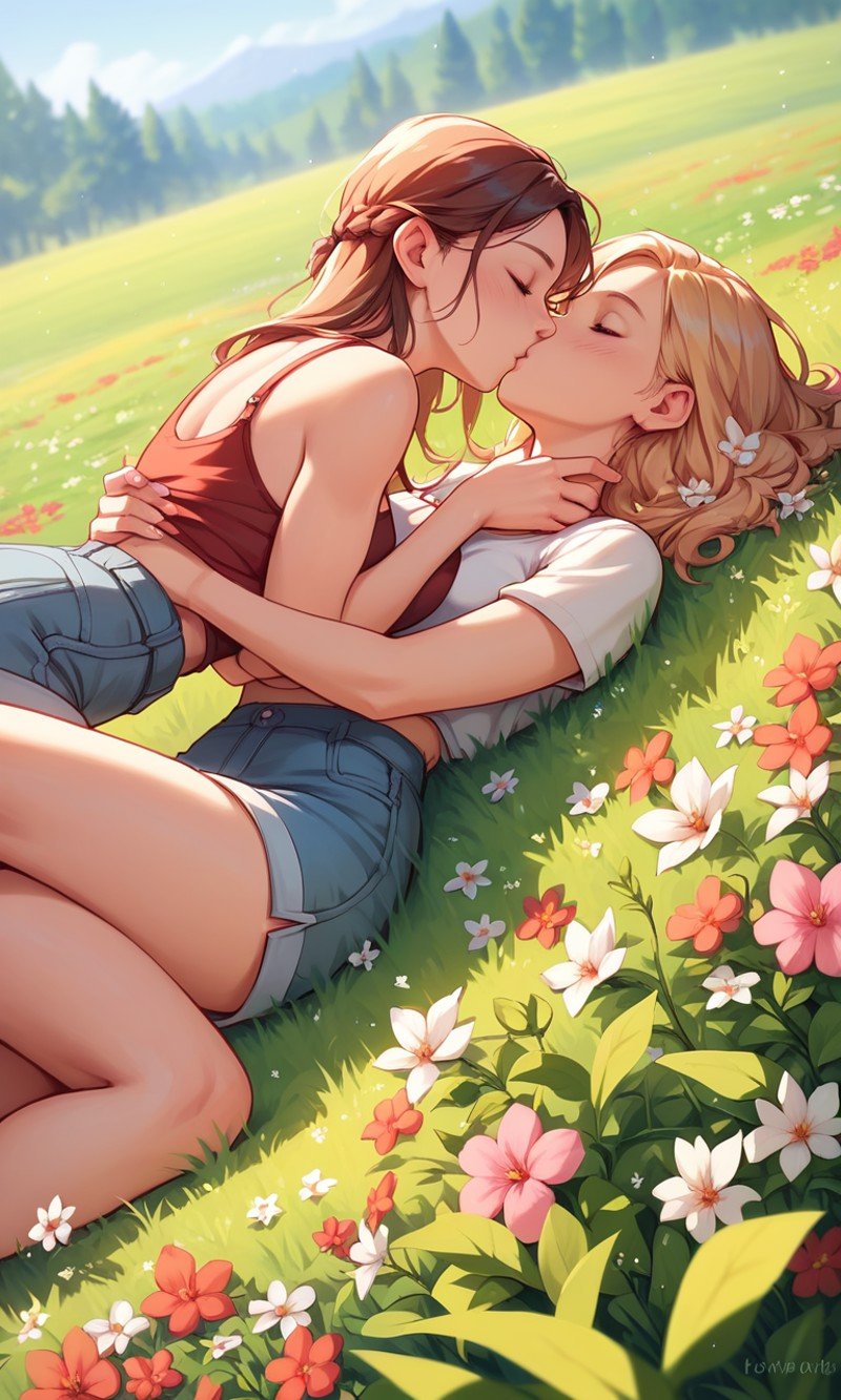 score_9, score_8_up, score_7_up, score_6_up, score_5_up, score_4_up, 2girls kissing,  love, romantic, flowers, leaning on grass, masterpiece, highly detailed