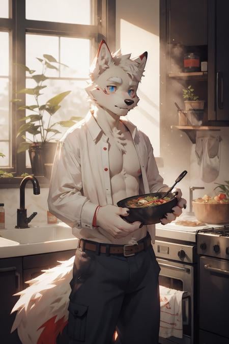 (by zixiong), by milkytiger1145,best quality, masterpiece,inside, kitchen, window, sunlight, plants, solo, solo focus, male, male focus,anthro, wolf, canid, (white fur, white body, white eyebrows:1.5),clothed, open topwear, open shirt, white shirt, belt, pants, blue eyes, humanoid hand, food, eating,