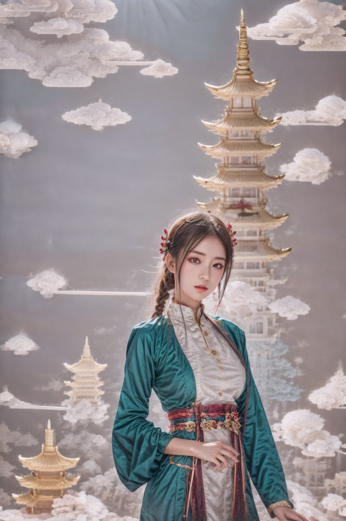 1 girl,pagoda, cloud,